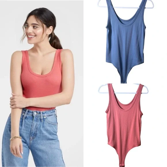 a new day Women's Scoop Neck Bodysuit Bundle Coral and Blue Size Large - Picture 1 of 11